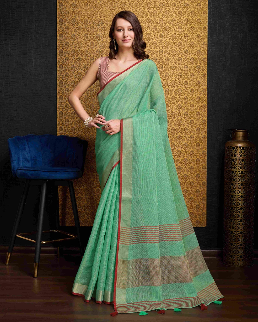 Sea Green Elegant Solid Saree with Zari Border – Timeless Grace
