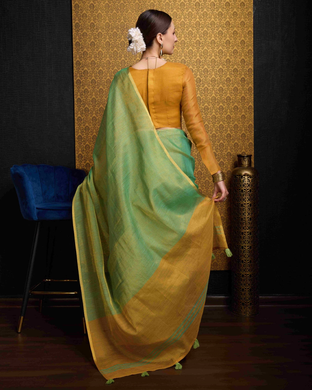 Sea Green Elegant Woven Design Linen Blend Saree with Zari Border