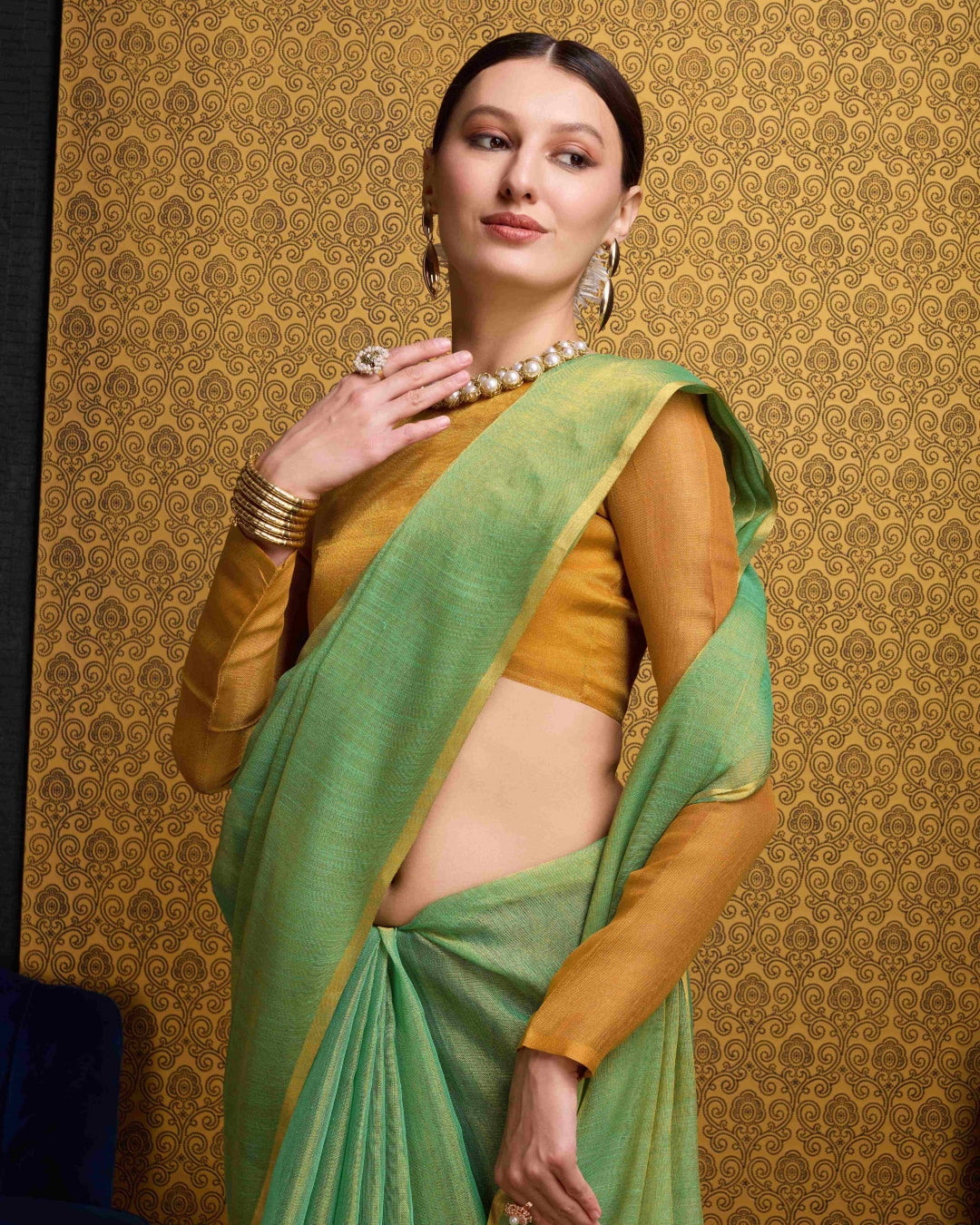 Sea Green Elegant Woven Design Linen Blend Saree with Zari Border