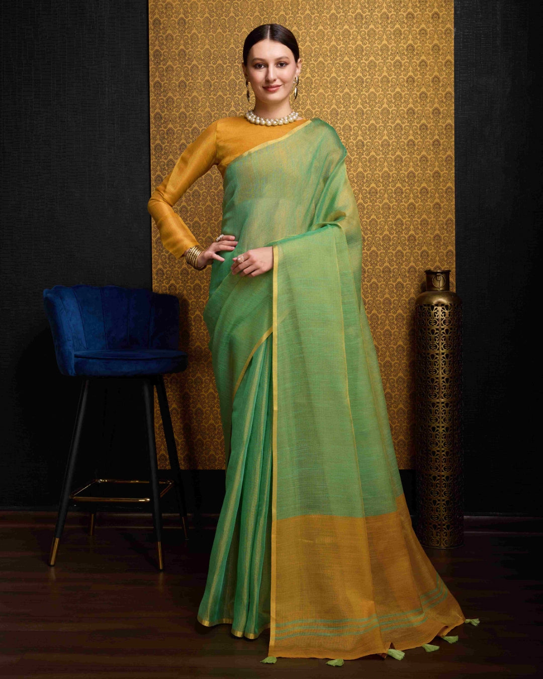 Sea Green Elegant Woven Design Linen Blend Saree with Zari Border