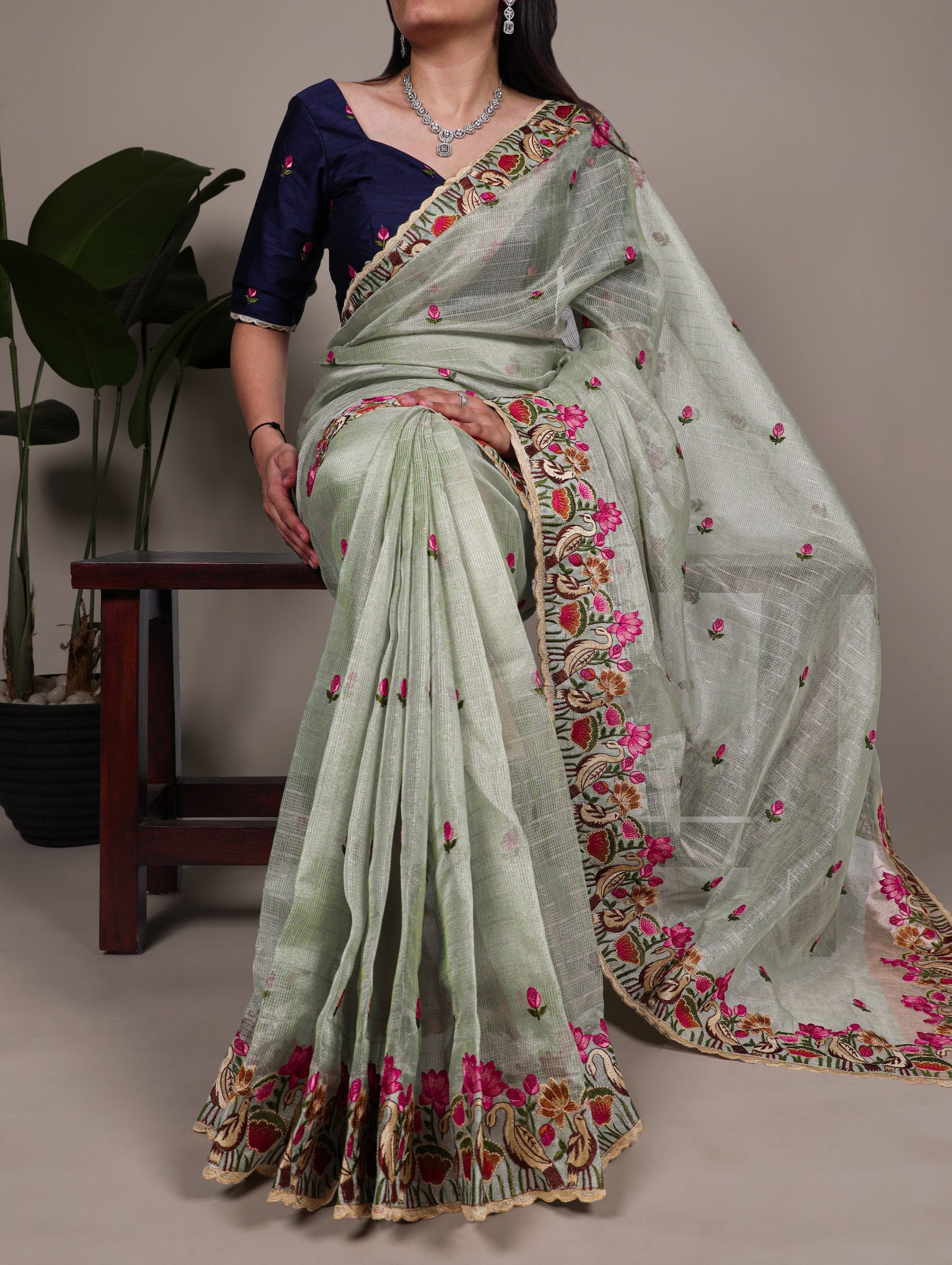 Sea Green Elegant Zari Kota Tissue Saree with Exquisite Thread Embroidery Work and Banglory Blouse Piece – Premium Ethnic Ensemble