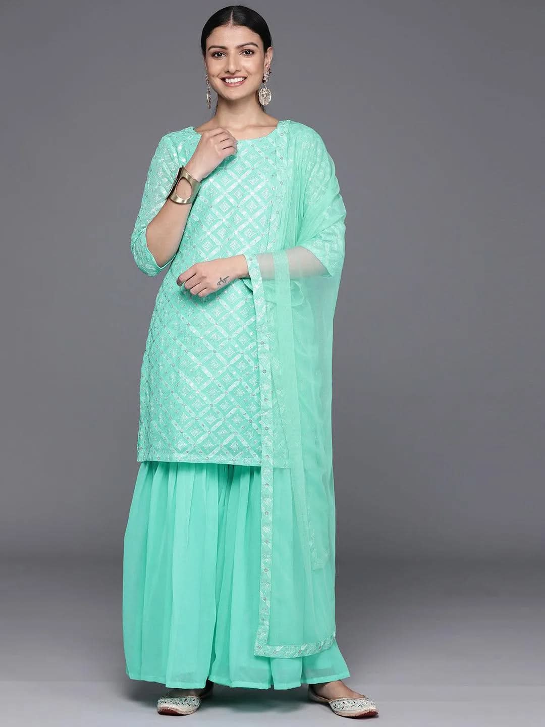 Anouk Sea Green Embroidered Georgette Straight Sharara Suit Set With Dupatta