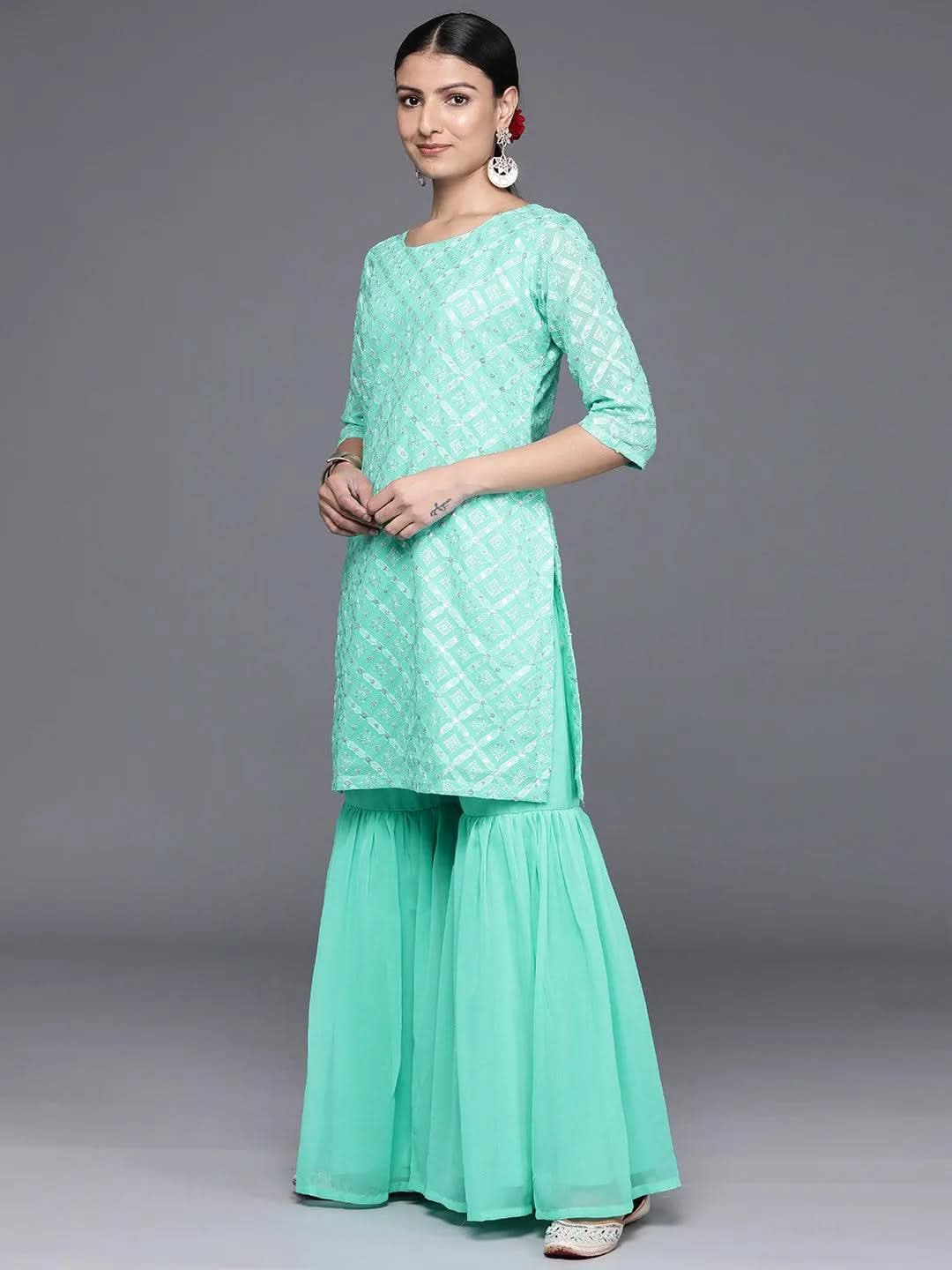 Anouk Sea Green Embroidered Georgette Straight Sharara Suit Set With Dupatta