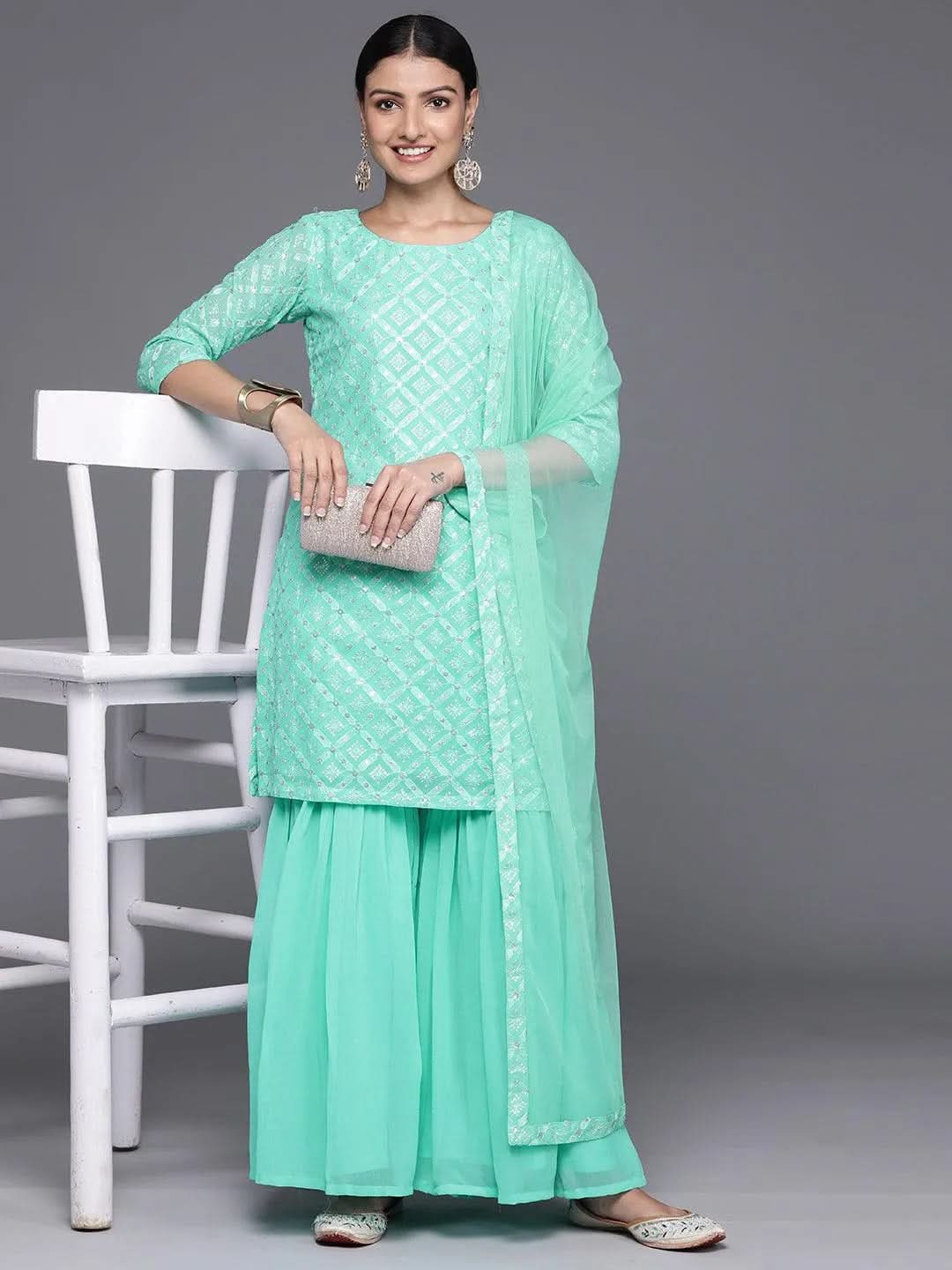 Anouk Sea Green Embroidered Georgette Straight Sharara Suit Set With Dupatta