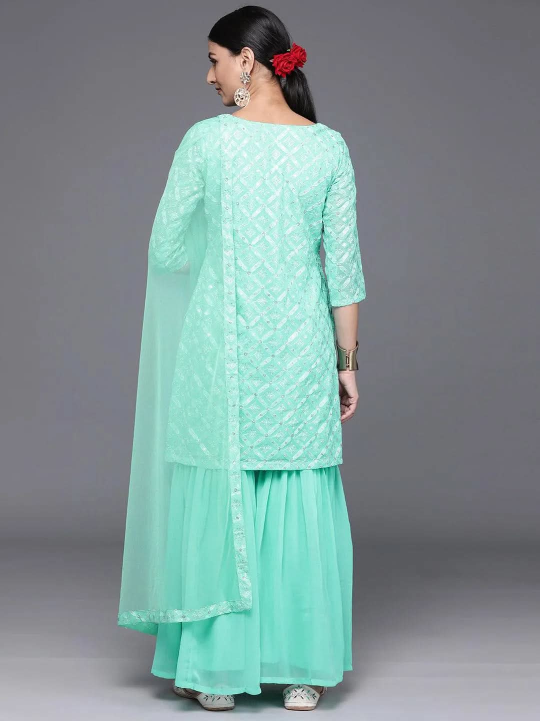 Anouk Sea Green Embroidered Georgette Straight Sharara Suit Set With Dupatta