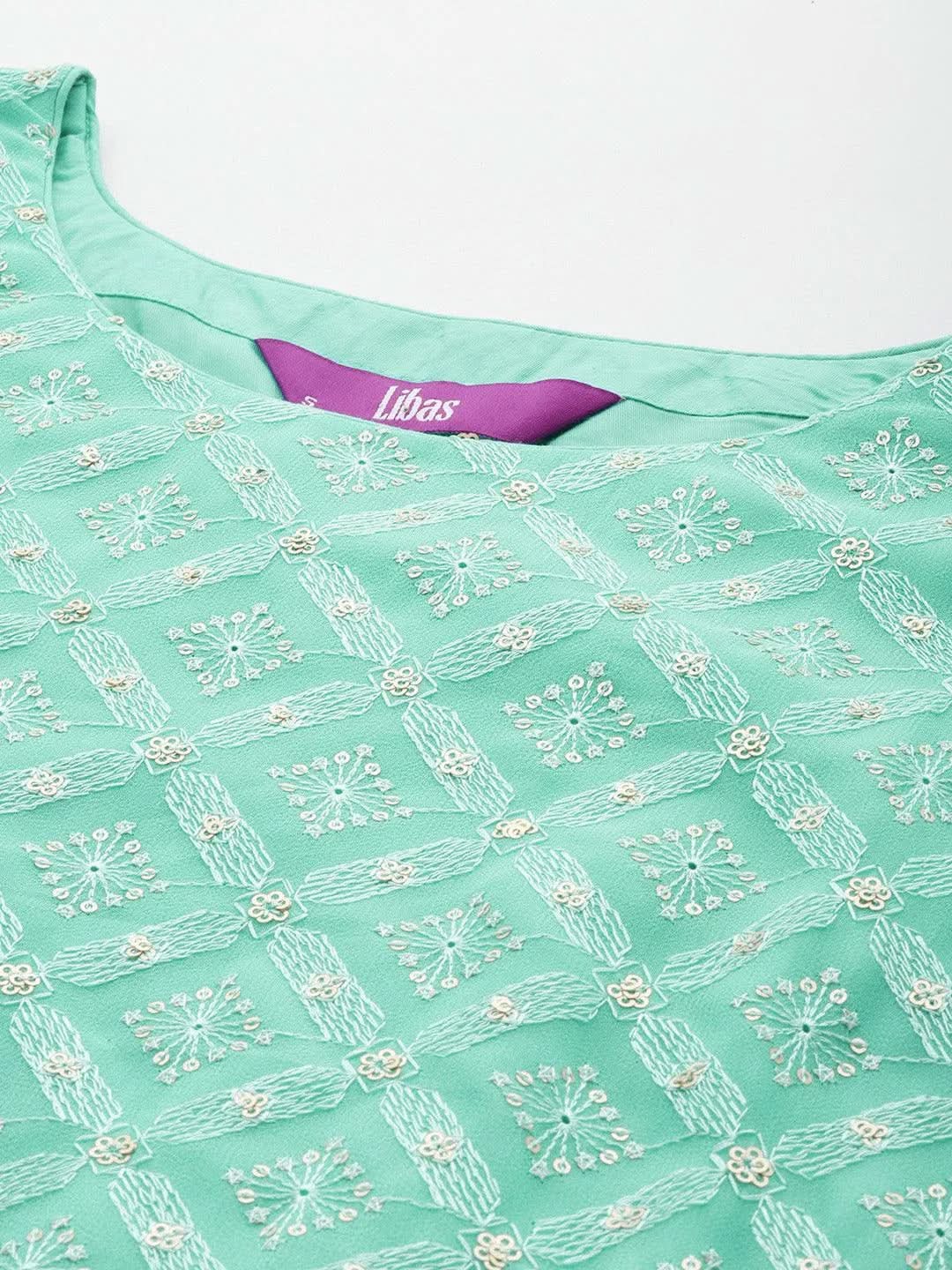 Anouk Sea Green Embroidered Georgette Straight Sharara Suit Set With Dupatta