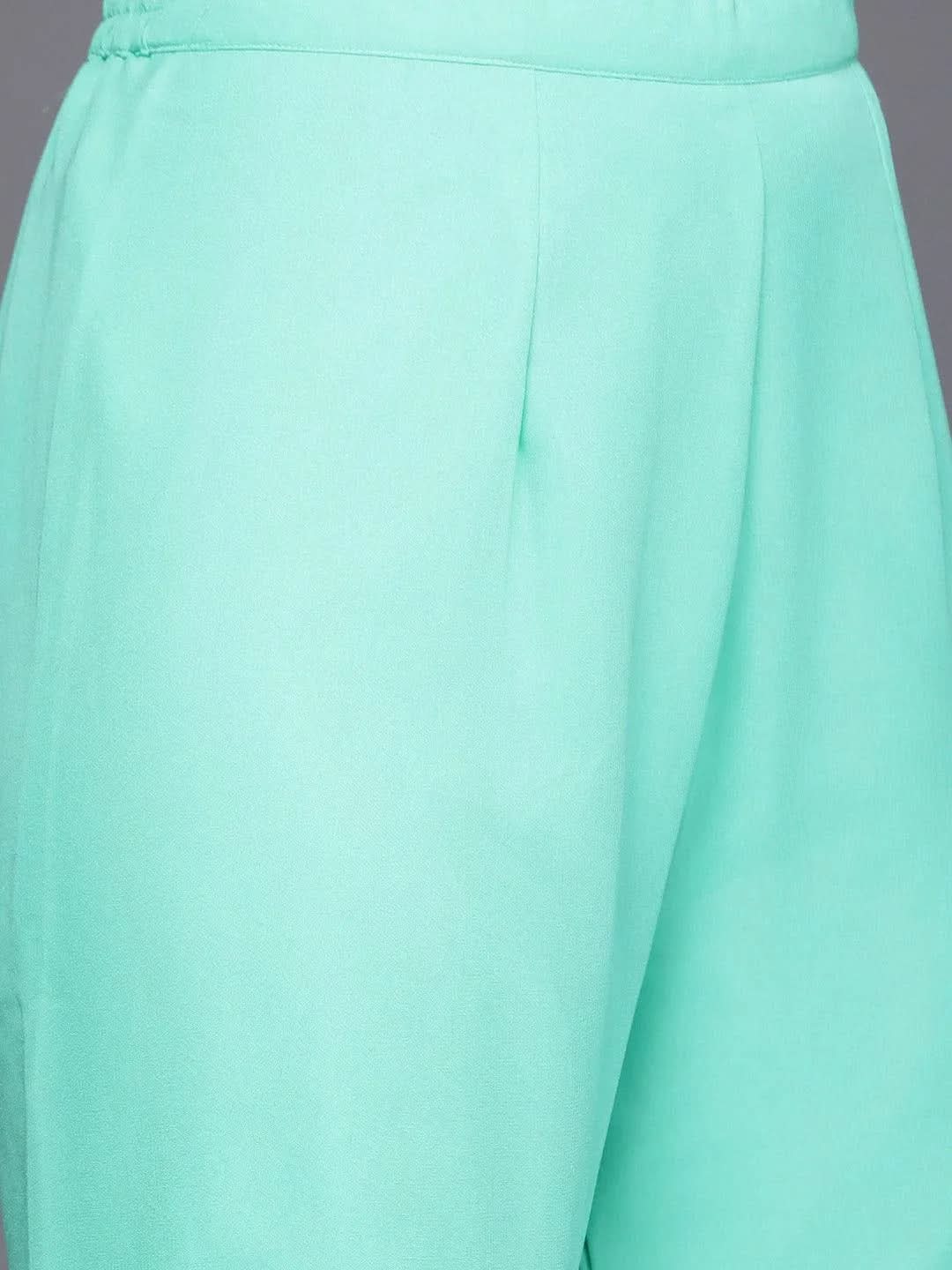 Anouk Sea Green Embroidered Georgette Straight Sharara Suit Set With Dupatta