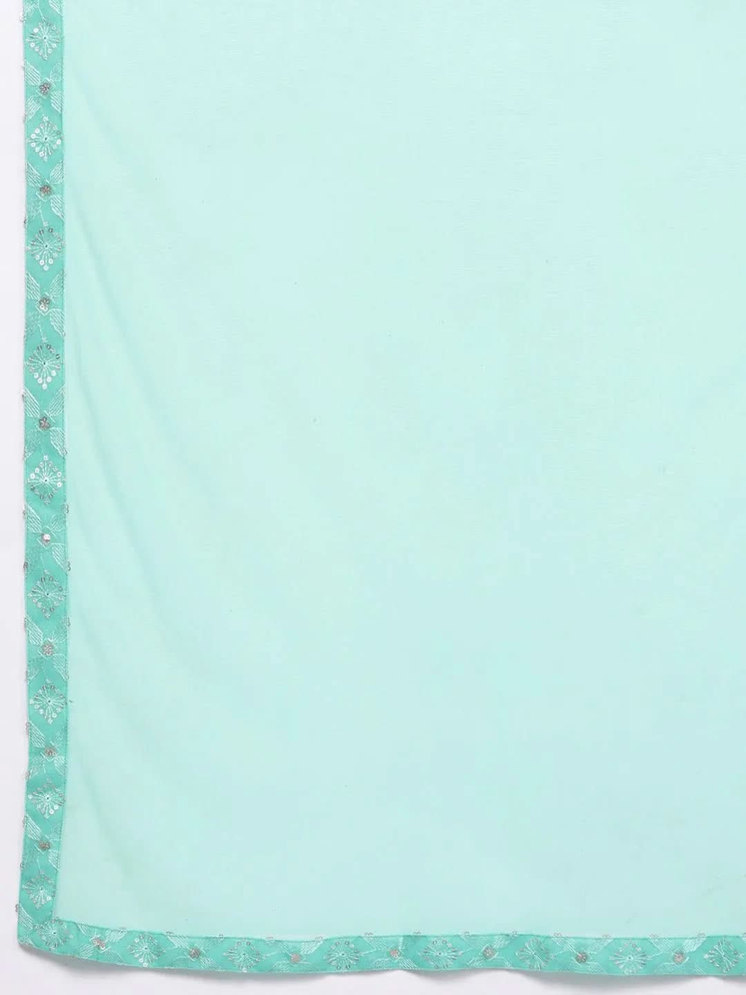 Anouk Sea Green Embroidered Georgette Straight Sharara Suit Set With Dupatta