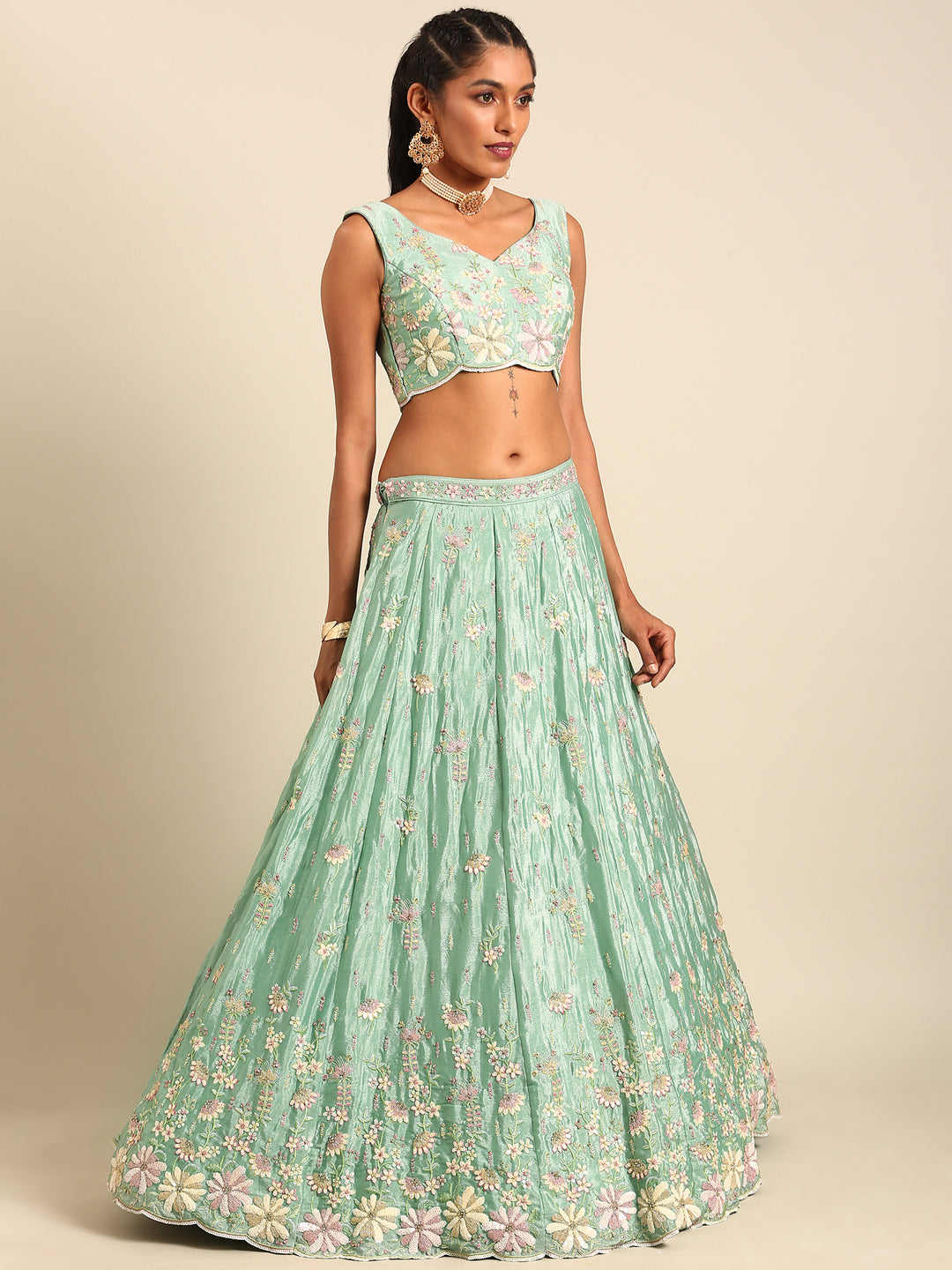 Sea Green Georgette heavy Sequinse embroidery Semi-Stitched Lehenga choli & Dupatta