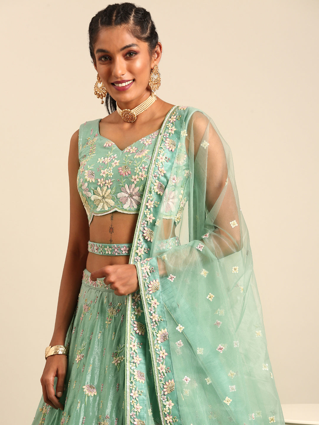 Sea Green Georgette heavy Sequinse embroidery Semi-Stitched Lehenga choli & Dupatta