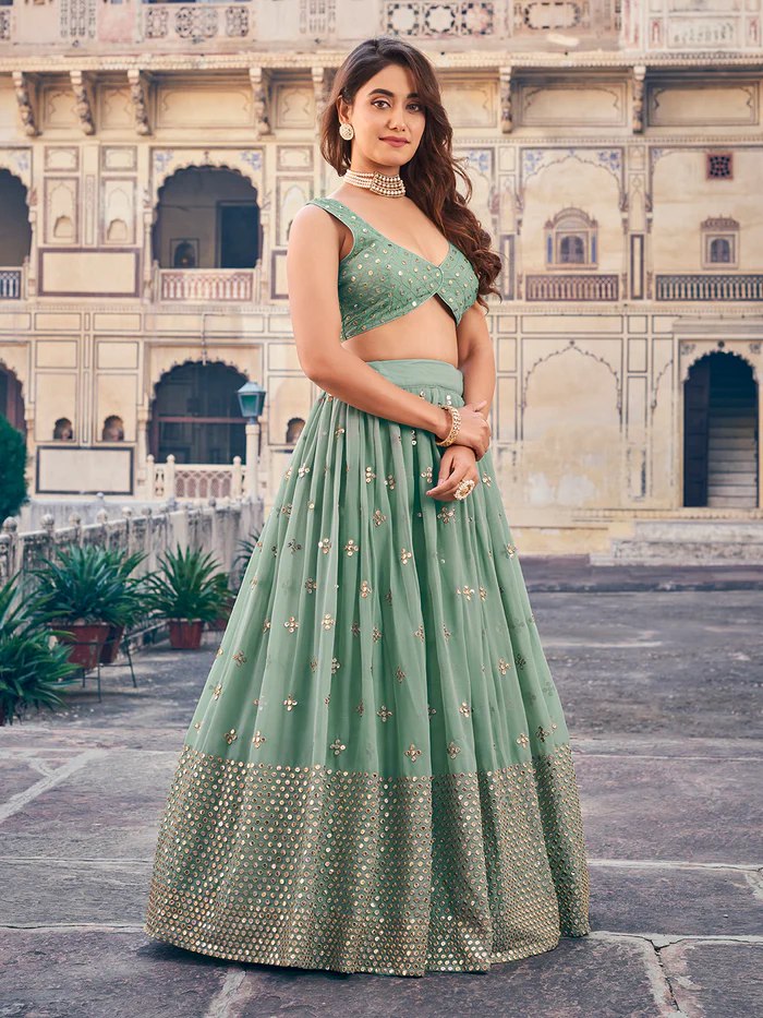 Sea Green Georgette Lehenga Choli Set with 7MM Sequins & Zari Embroidery