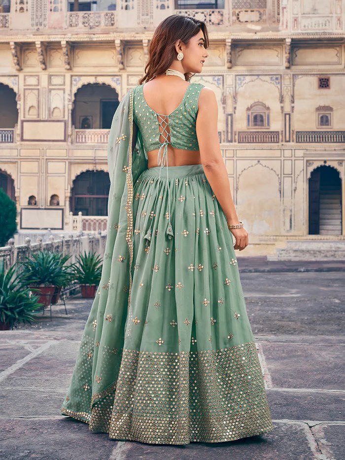 Sea Green Georgette Lehenga Choli Set with 7MM Sequins & Zari Embroidery
