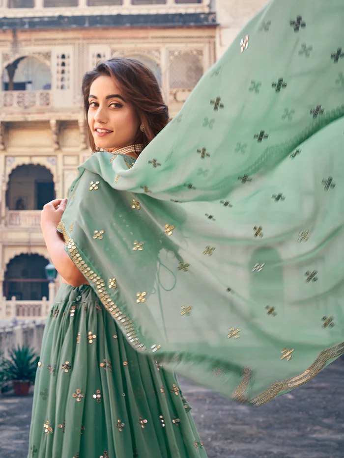 Sea Green Georgette Lehenga Choli Set with 7MM Sequins & Zari Embroidery