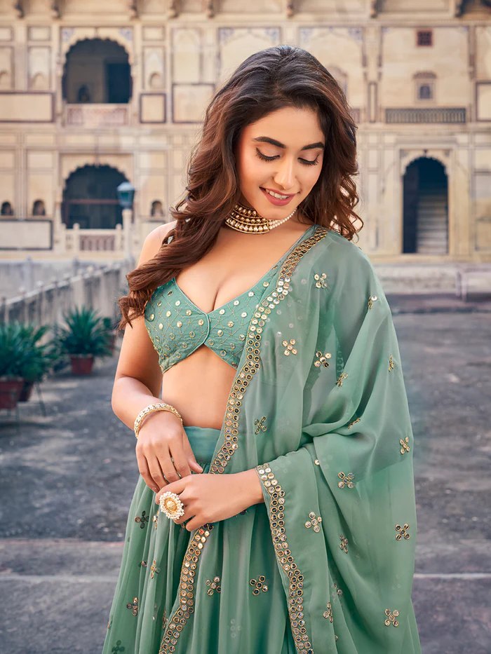 Sea Green Georgette Lehenga Choli Set with 7MM Sequins & Zari Embroidery
