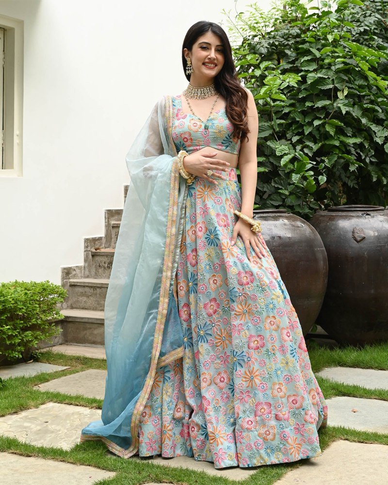 Sea Green Muslin Silk Lehenga Set with Digital Print & Hook Beads Work – Umbrella Cut with Designer Dupatta