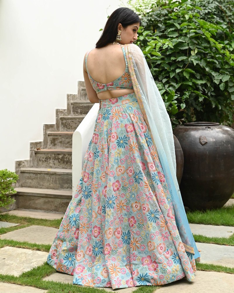 Sea Green Muslin Silk Lehenga Set with Digital Print & Hook Beads Work – Umbrella Cut with Designer Dupatta