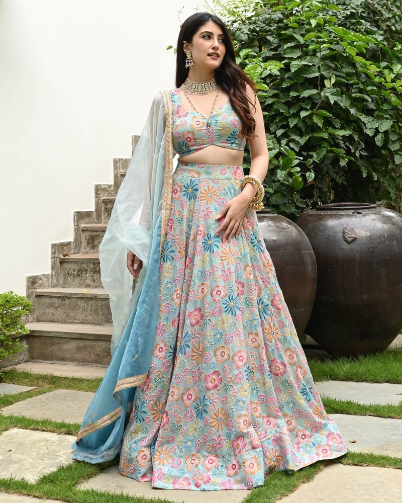 Sea Green Muslin Silk Lehenga Set with Digital Print & Hook Beads Work – Umbrella Cut with Designer Dupatta