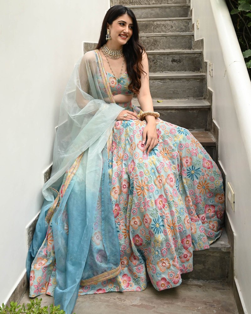 Sea Green Muslin Silk Lehenga Set with Digital Print & Hook Beads Work – Umbrella Cut with Designer Dupatta
