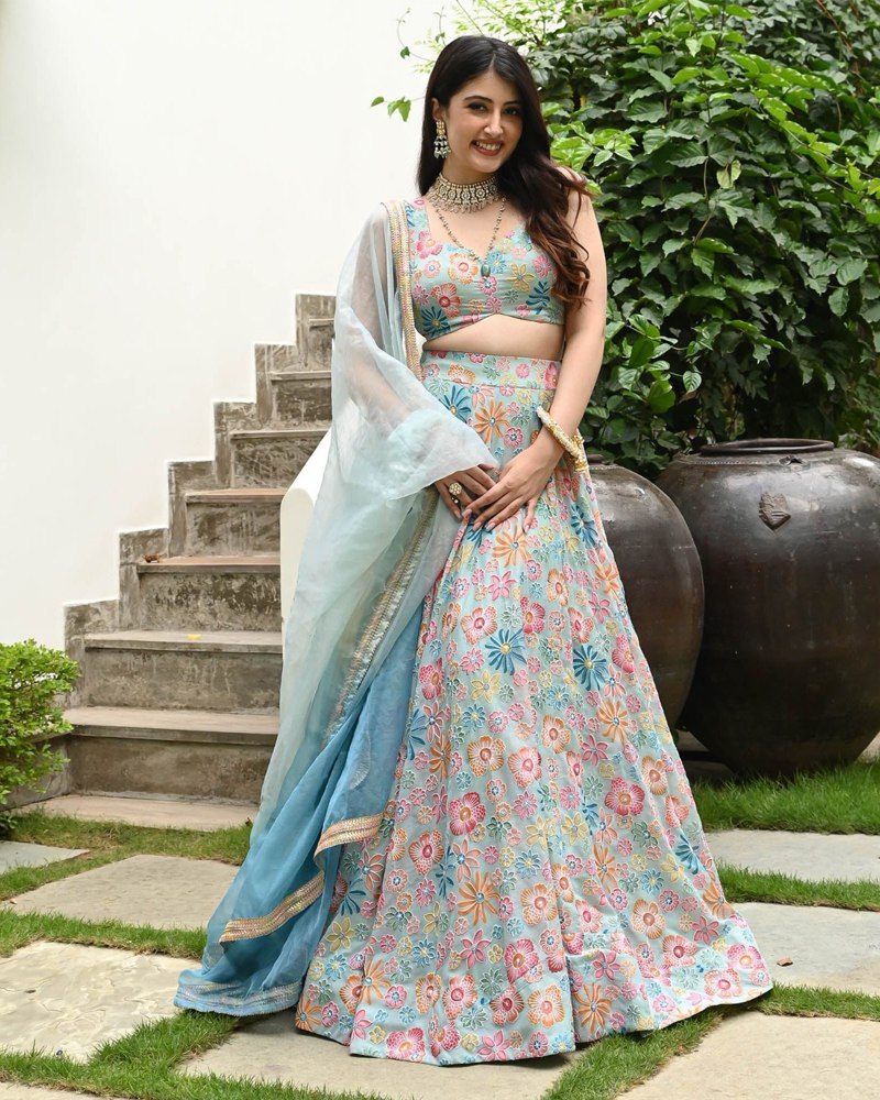 Sea Green Muslin Silk Lehenga Set with Digital Print & Hook Beads Work – Umbrella Cut with Designer Dupatta