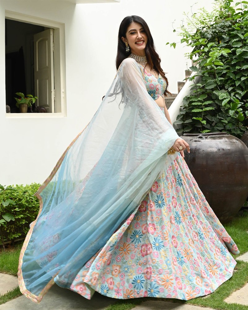 Sea Green Muslin Silk Lehenga Set with Digital Print & Hook Beads Work – Umbrella Cut with Designer Dupatta
