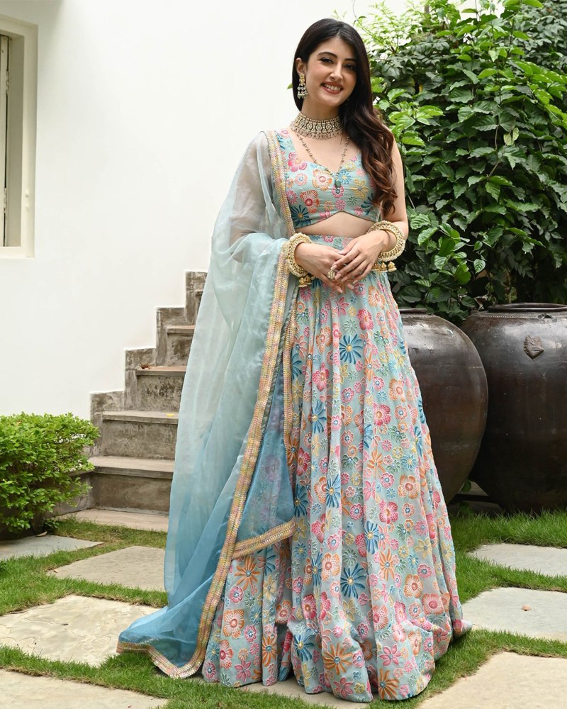 Sea Green Muslin Silk Lehenga Set with Digital Print & Hook Beads Work – Umbrella Cut with Designer Dupatta