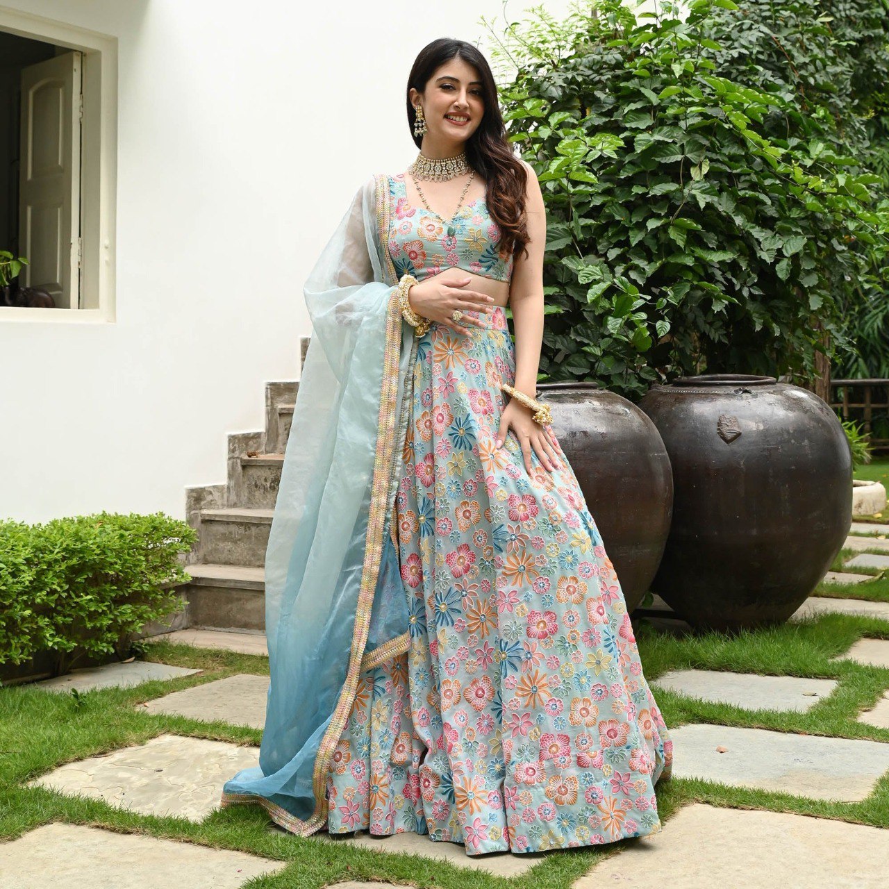 Sea Green Muslin Silk Lehenga Set with Digital Print & Hook Beads Work – Umbrella Cut with Designer Dupatta