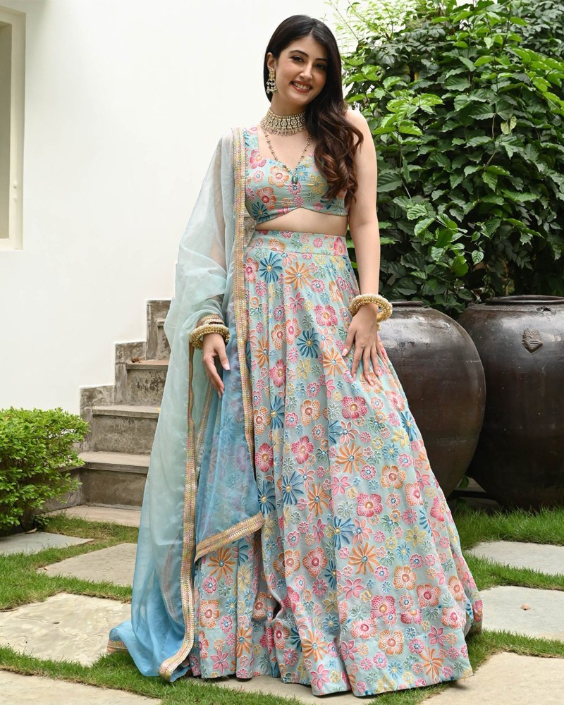 Sea Green Muslin Silk Lehenga Set with Digital Print & Hook Beads Work – Umbrella Cut with Designer Dupatta