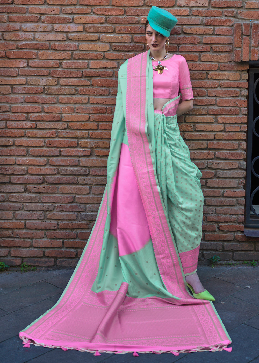 Sea Green Regal Banarasi Soft Silk Saree with Intricate Timeless Design & Blouse Piece