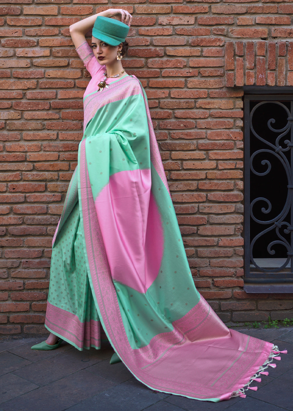 Sea Green Regal Banarasi Soft Silk Saree with Intricate Timeless Design & Blouse Piece