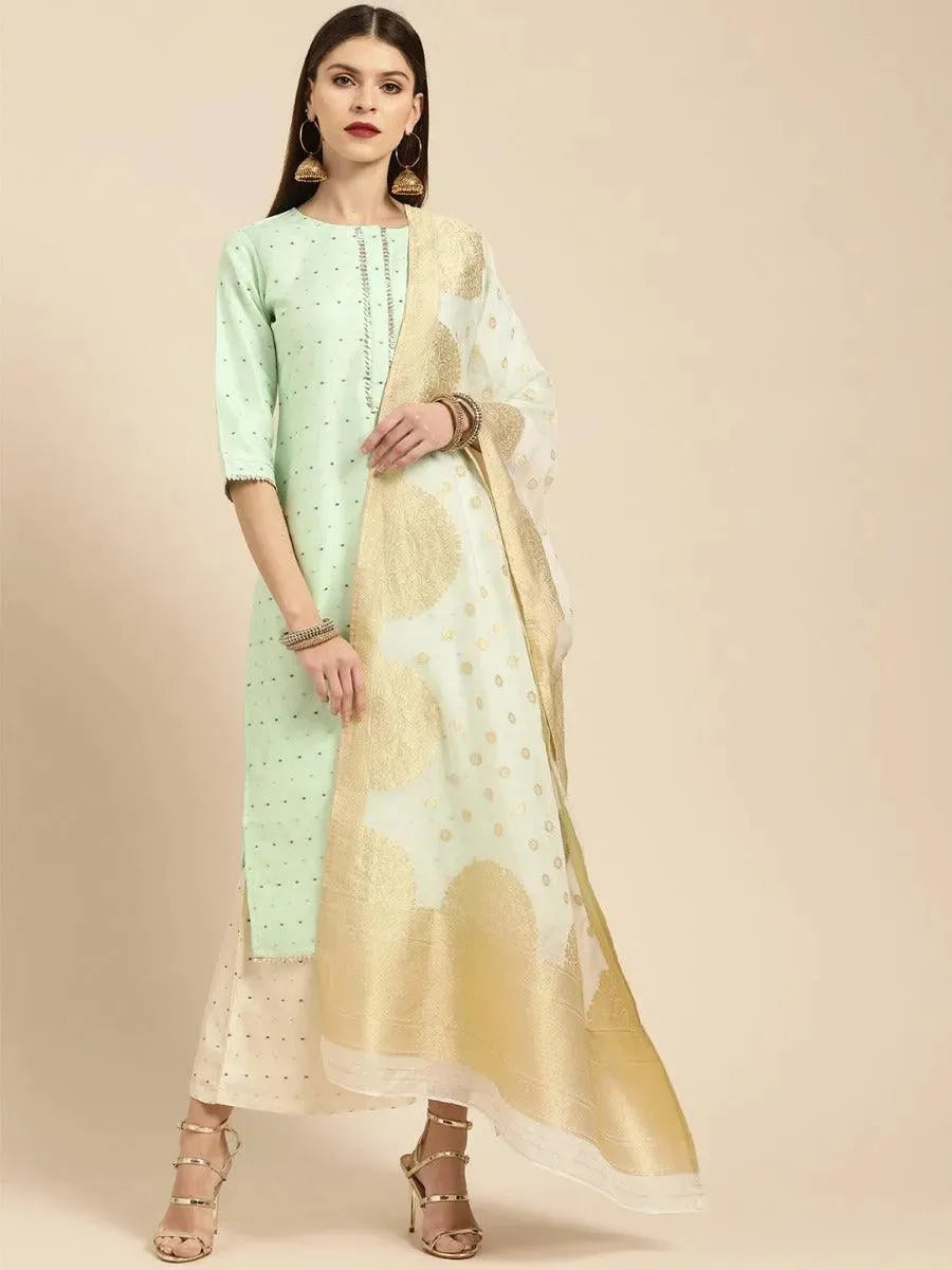 Anouk Sea Green Self Design Chanderi Silk Straight Kurta With Palazzos & Dupatta