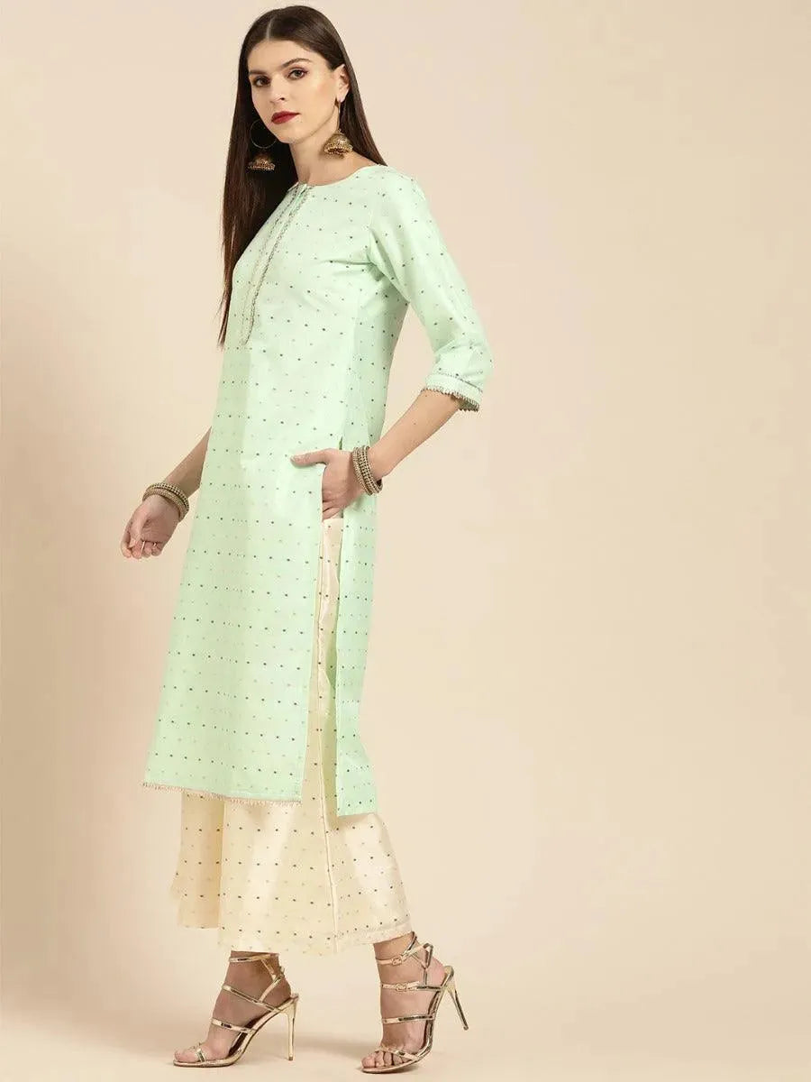 Anouk Sea Green Self Design Chanderi Silk Straight Kurta With Palazzos & Dupatta