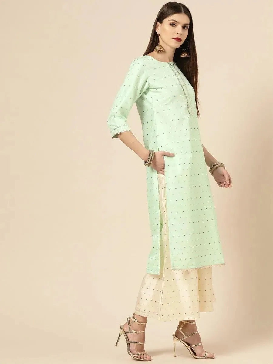 Anouk Sea Green Self Design Chanderi Silk Straight Kurta With Palazzos & Dupatta