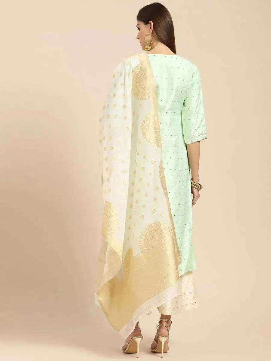 Anouk Sea Green Self Design Chanderi Silk Straight Kurta With Palazzos & Dupatta