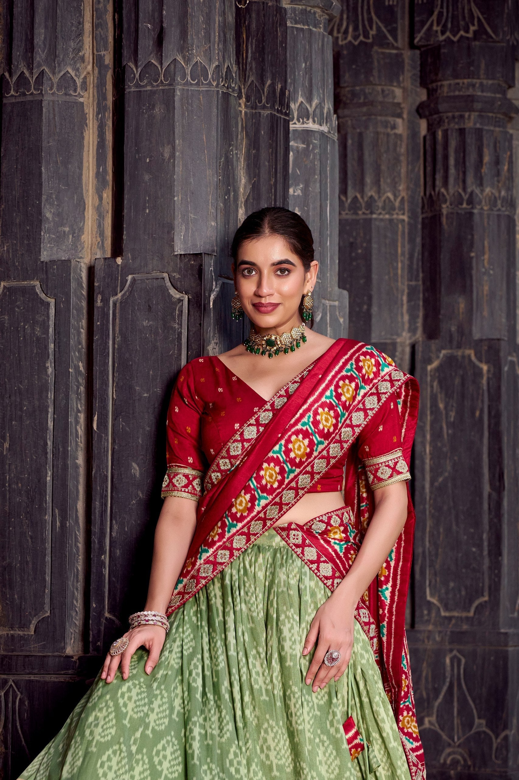 Sea Green Tasar Silk Ikkat Print Lehenga Set with Embroidered Blouse & Dupatta