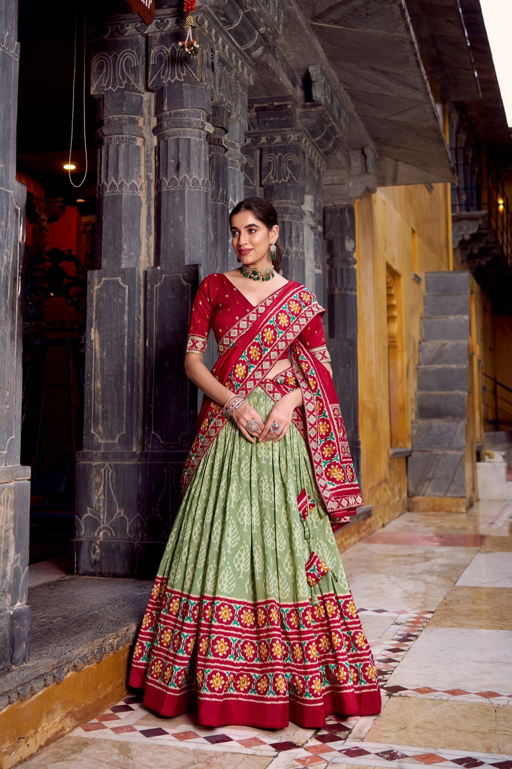 Sea Green Tasar Silk Ikkat Print Lehenga Set with Embroidered Blouse & Dupatta