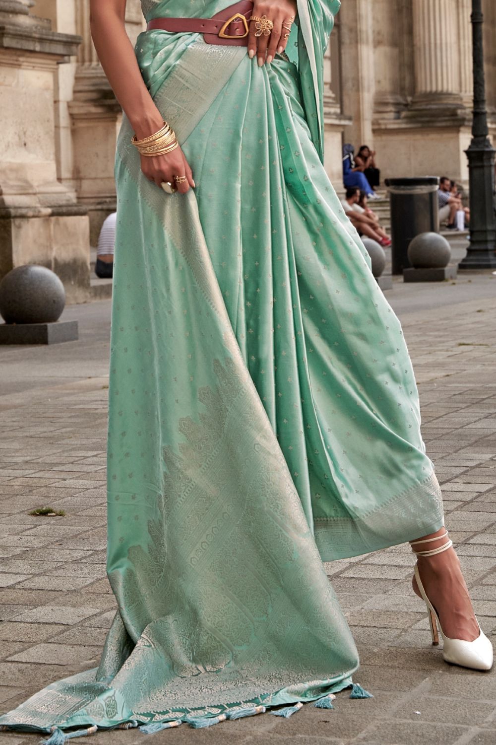 Sea Green Traditional Woven Satin Silk Blend Saree with Blouse Piece – Festive & Partywear
