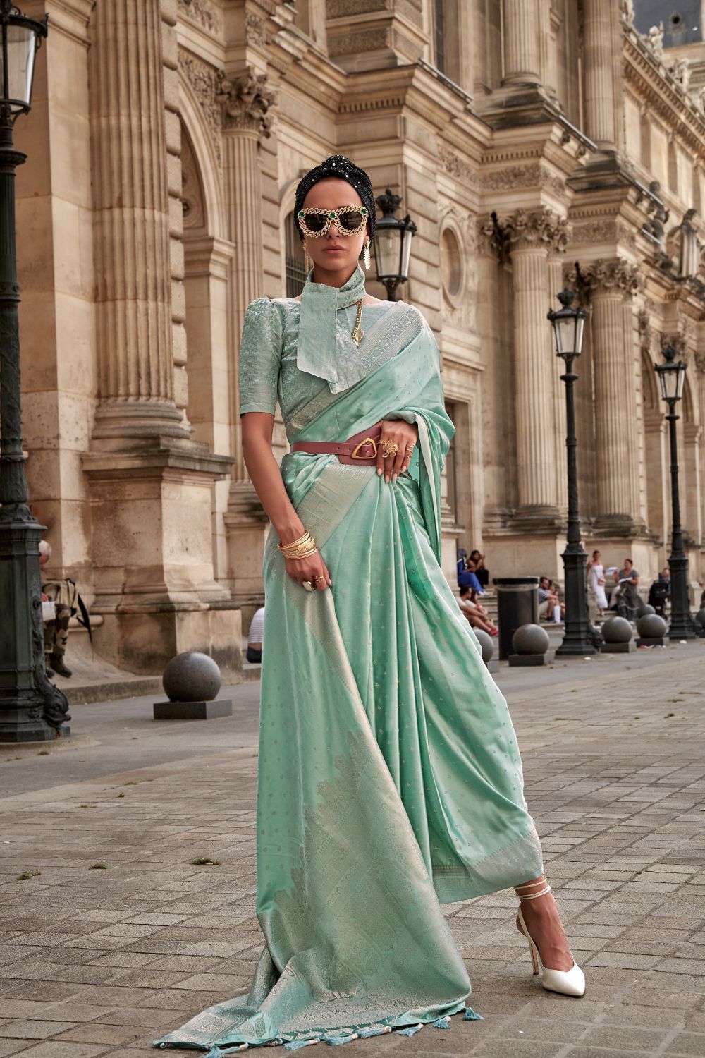 Sea Green Traditional Woven Satin Silk Blend Saree with Blouse Piece – Festive & Partywear