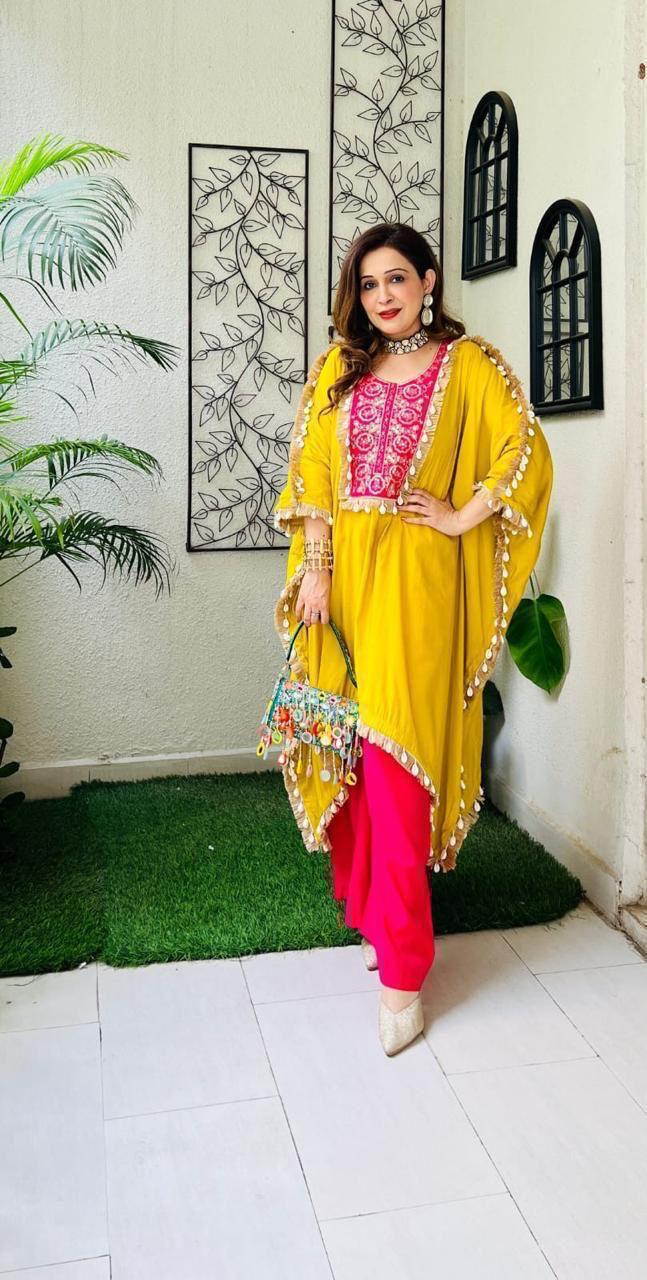 Sequence Embroidered Rayon Silk Kaftan & Pant Set