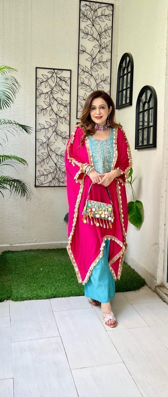 Sequence Embroidered Rayon Silk Kaftan & Pant Set