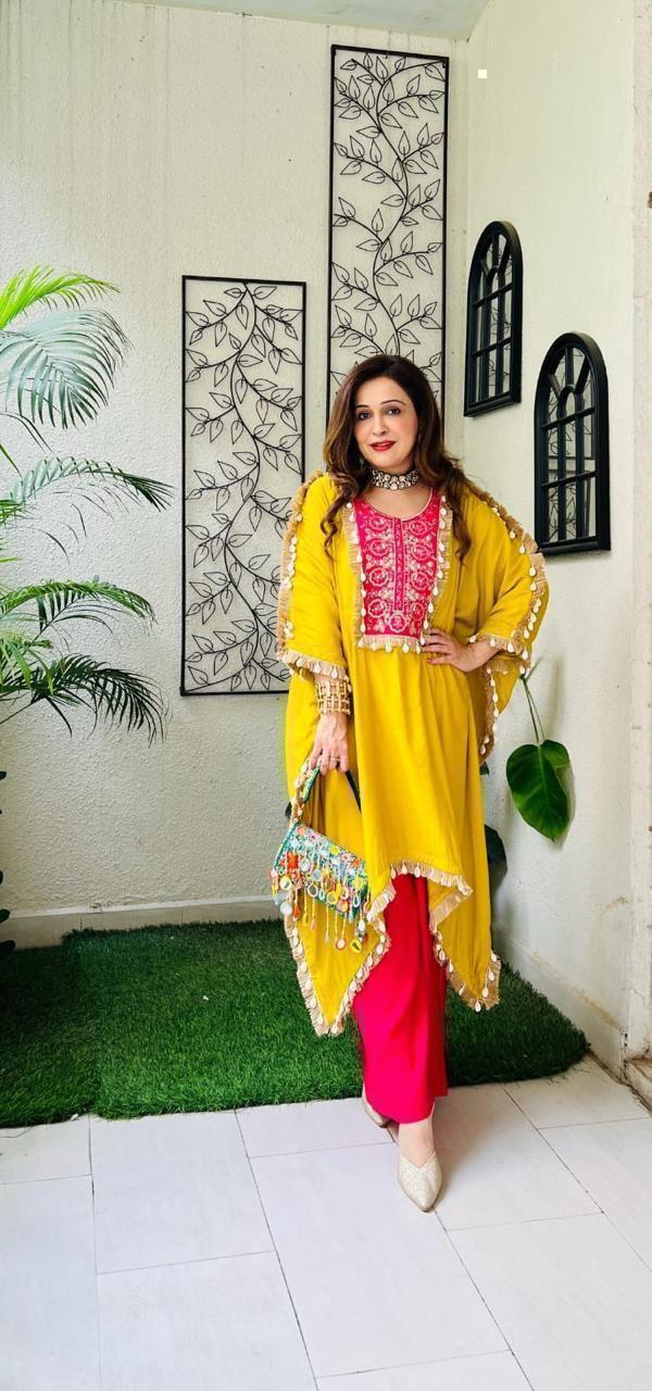 Sequence Embroidered Rayon Silk Kaftan & Pant Set