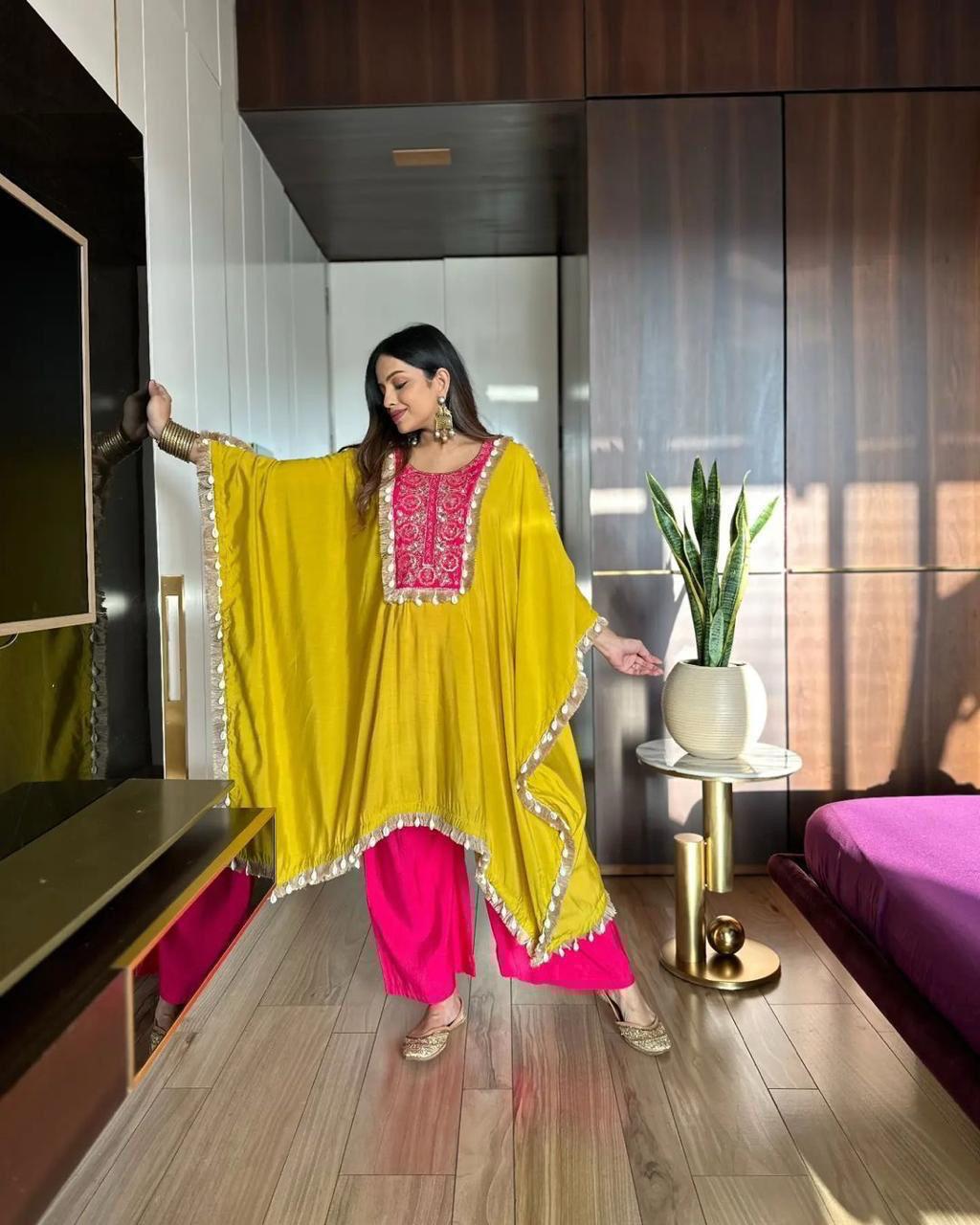 Sequence Embroidered Rayon Silk Kaftan & Pant Set