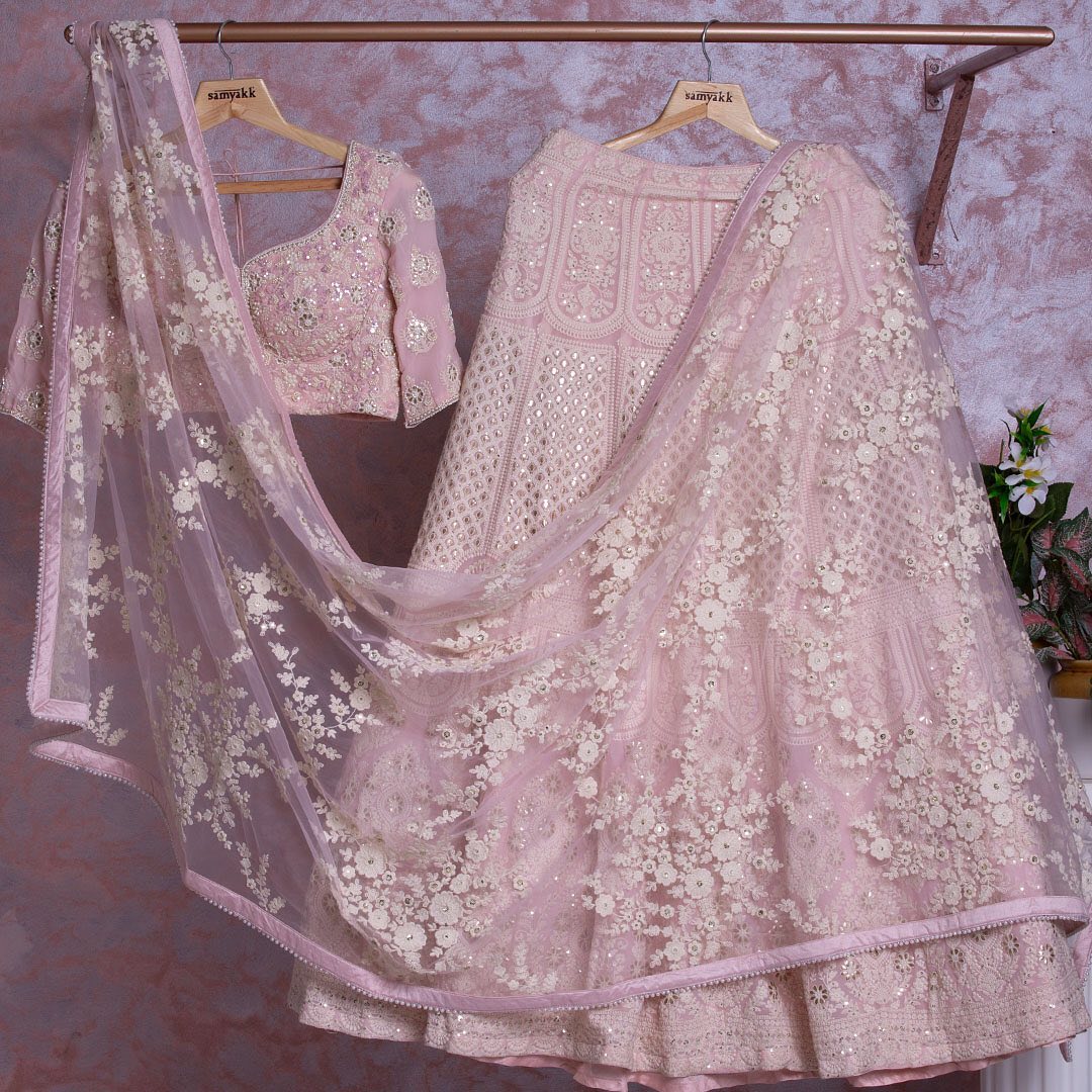 Sequined Faux Georgette Baby Pink Lehenga Set with Net Dupatta