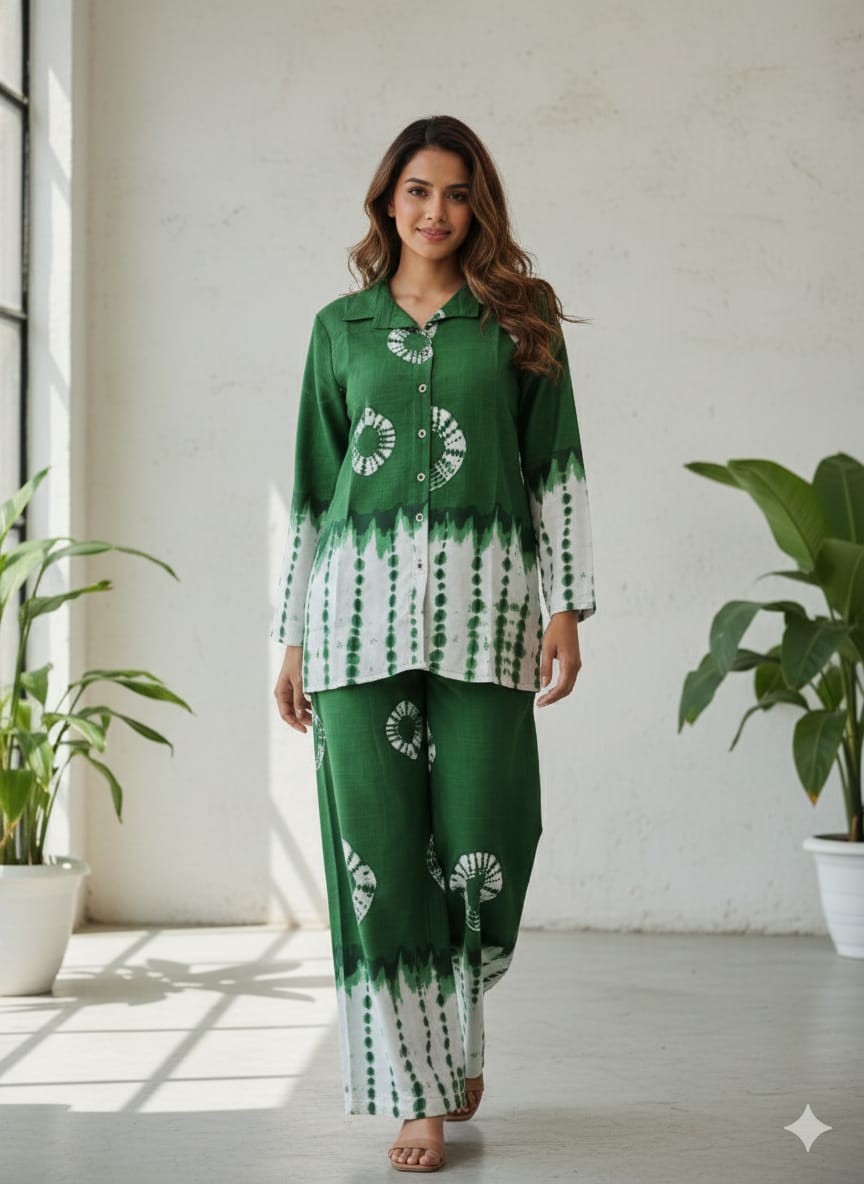 Shibori Printed Rayon Slub Full Sleeve Co-Ord Set for Women