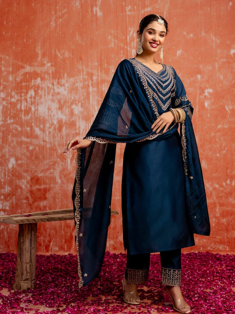 Silk Blend Kurta Pant Dupatta Set with Embroidered Chinon Dupatta for Women