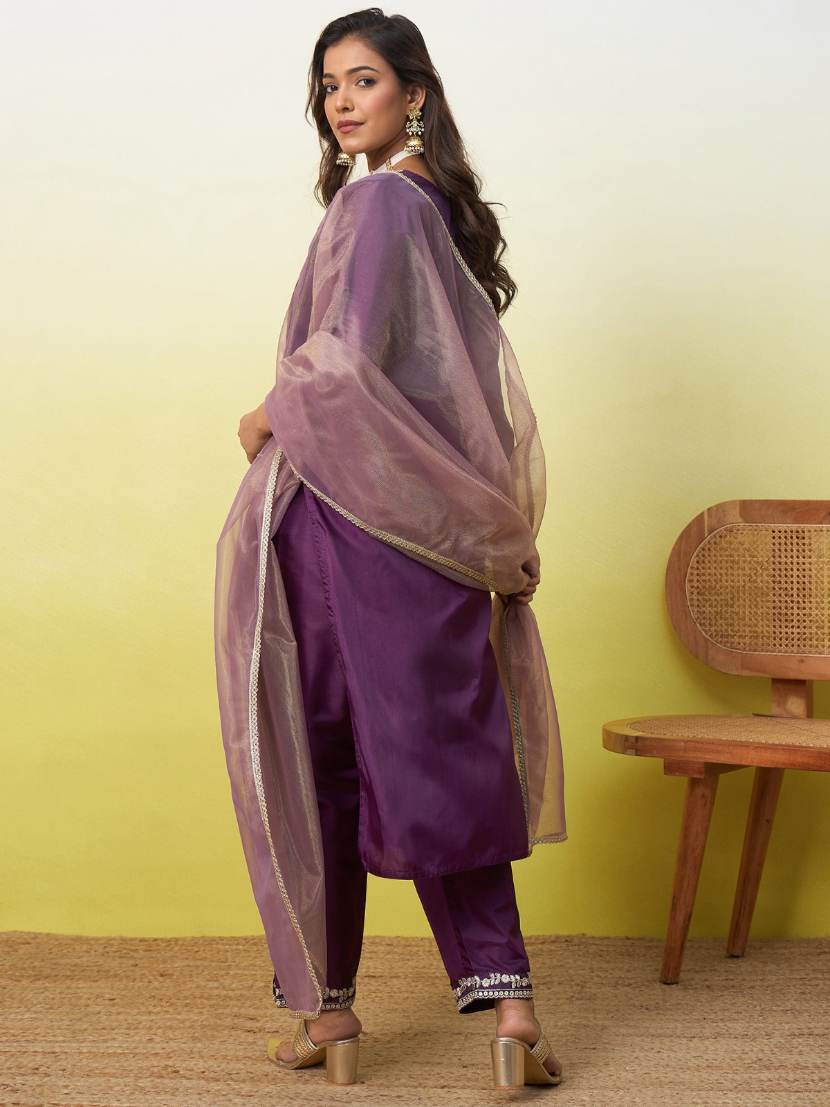 Silk Straight Kurta Pant Dupatta Set with Zari Thread Embroidery Work