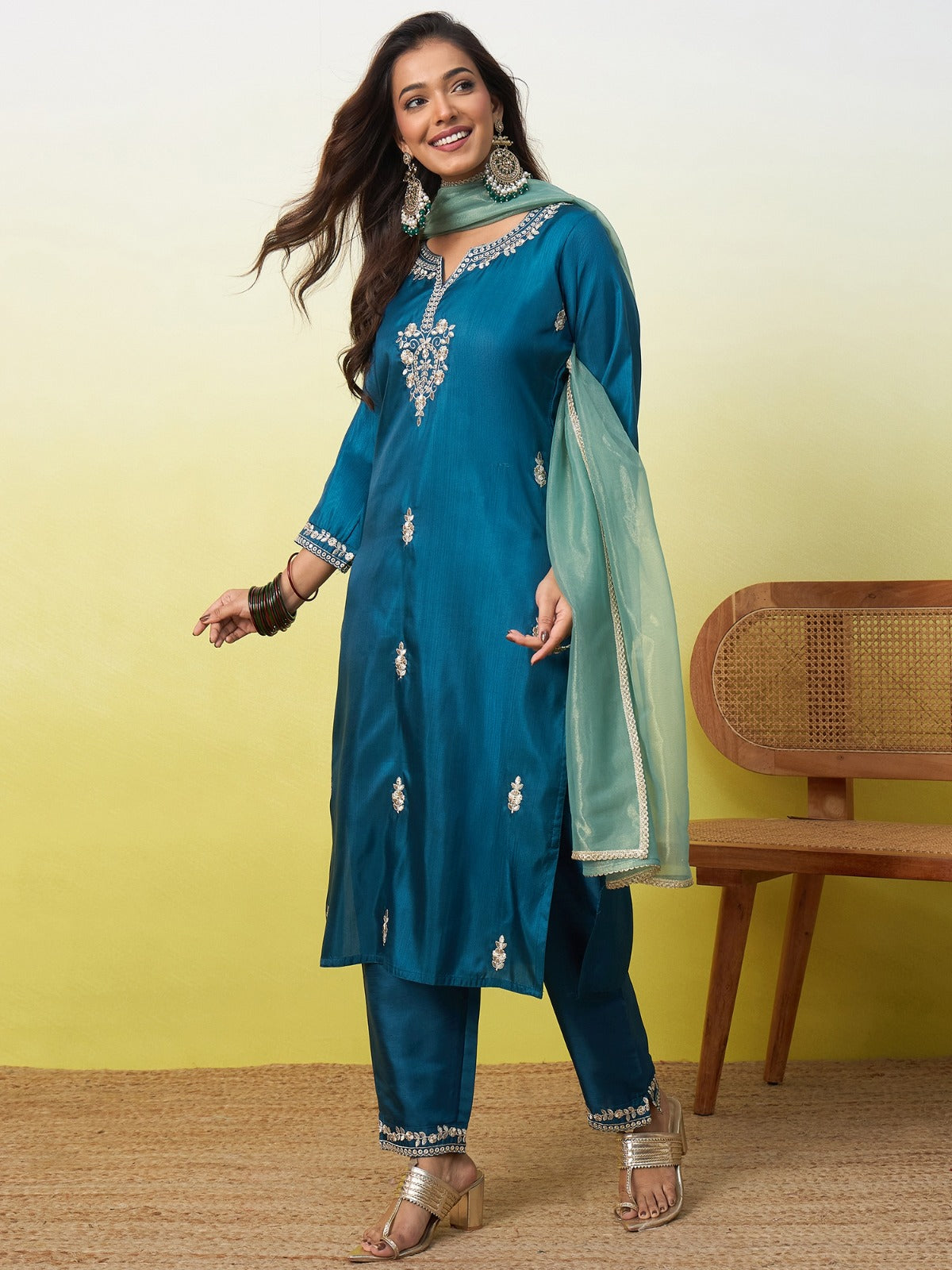 Silk Straight Kurta Pant Dupatta Set with Zari Thread Embroidery Work