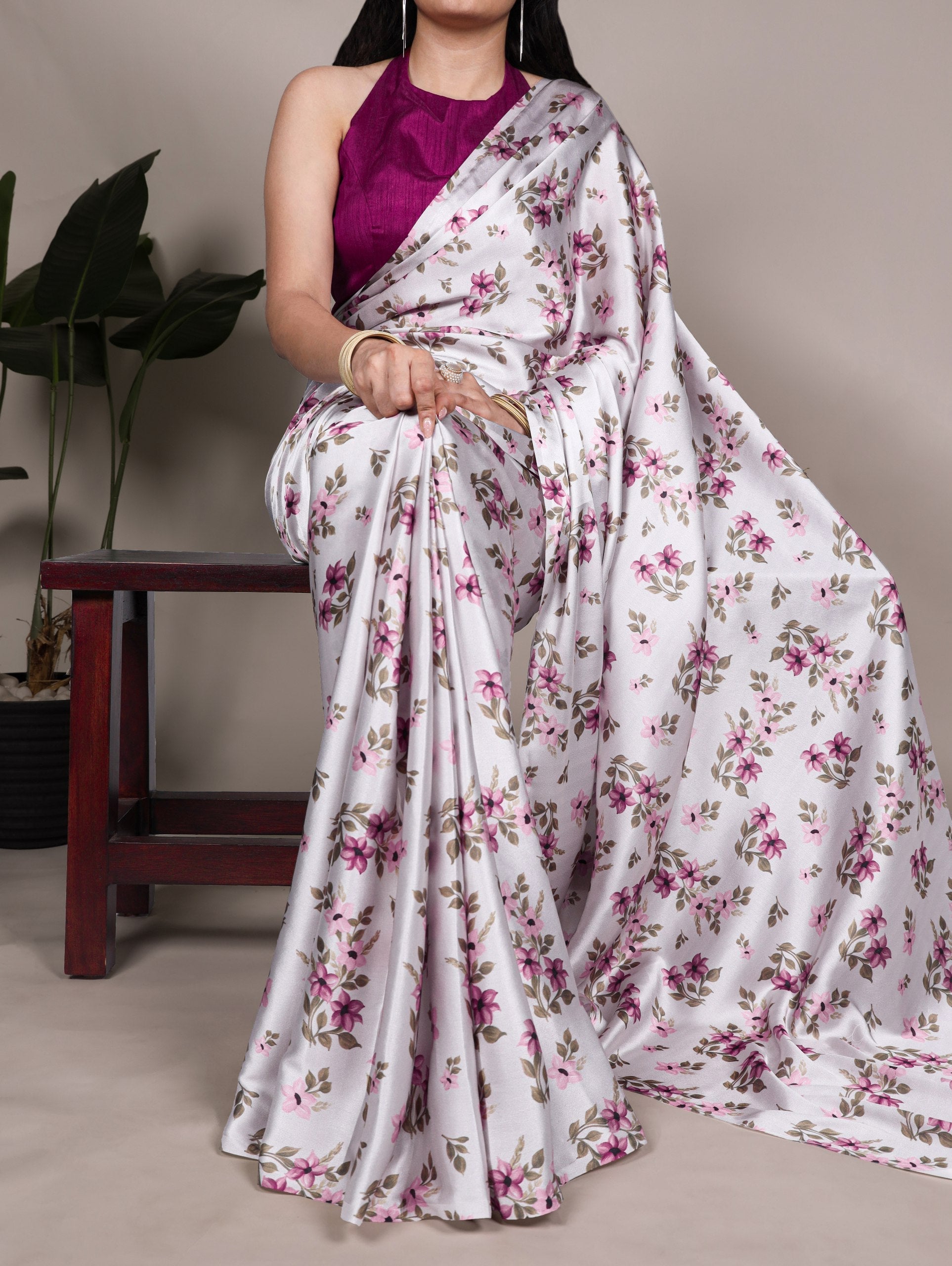 Silver Elegant Satin Silk Printed Saree with Banglory Blouse Piece – Soft, Lustrous & Timeless Ethnic Drape