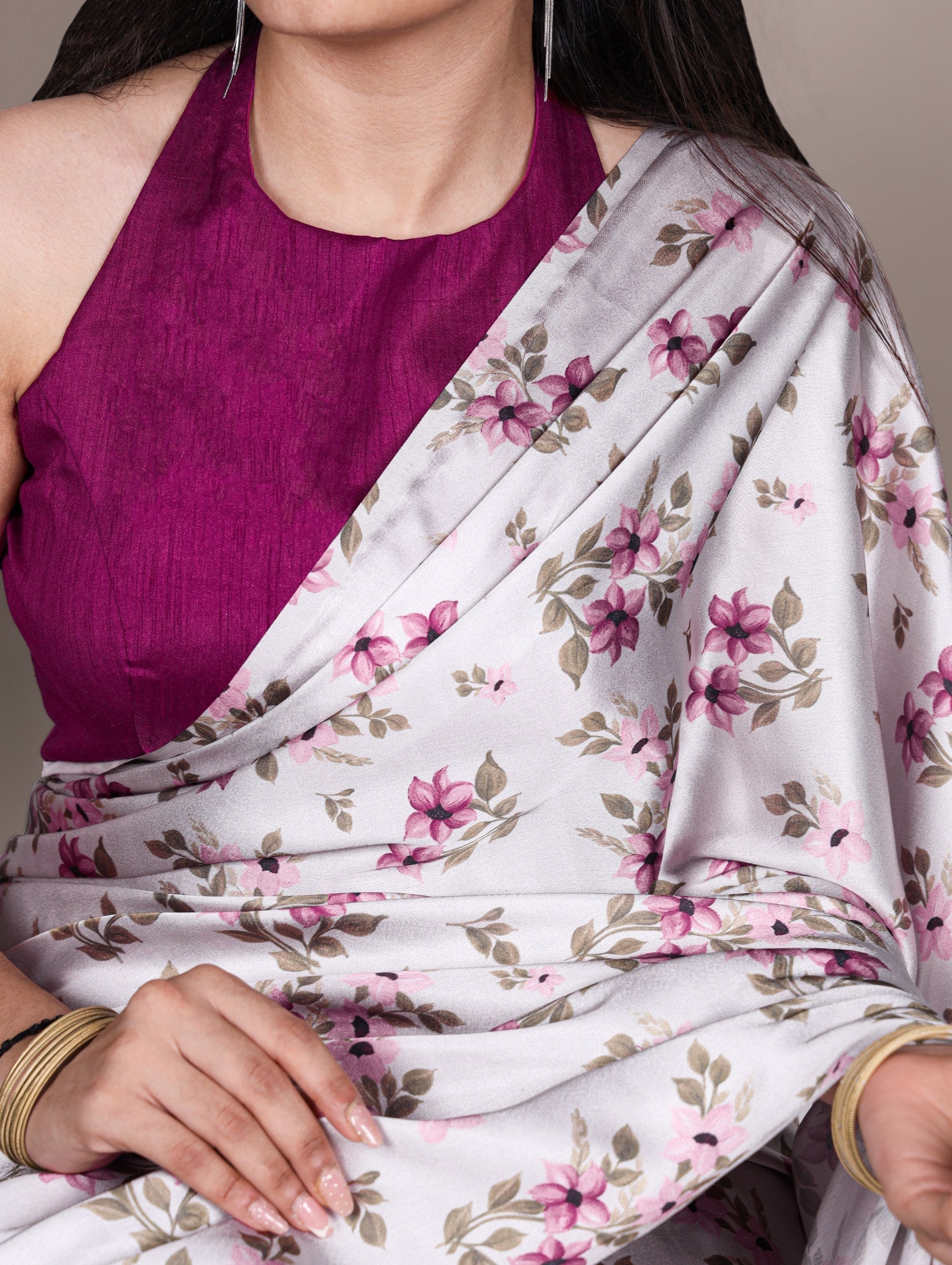 Silver Elegant Satin Silk Printed Saree with Banglory Blouse Piece – Soft, Lustrous & Timeless Ethnic Drape