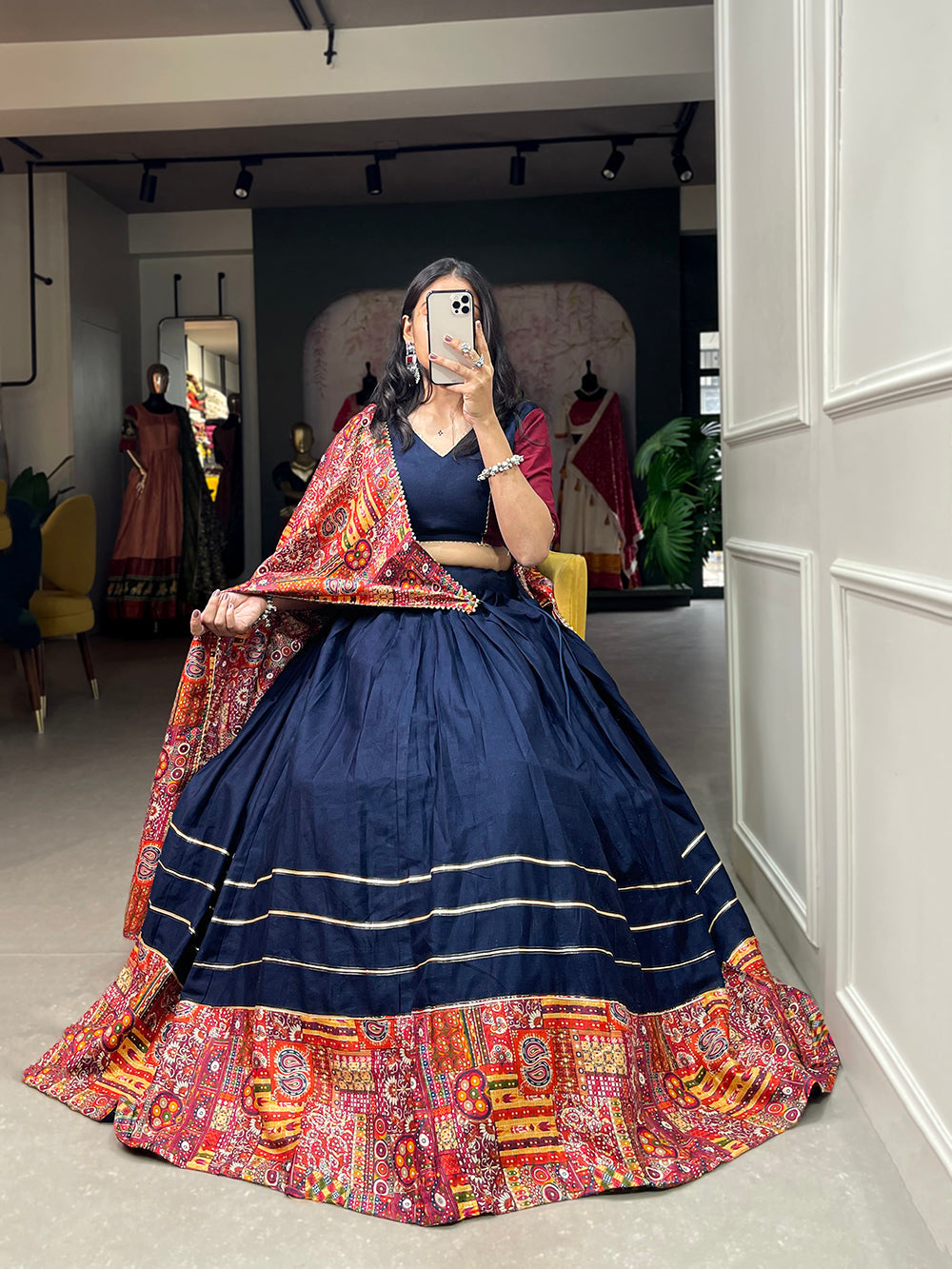 Navy Blue Color Plain And Printed With Gotta Patti Cotton For Navratri Chaniya Choli