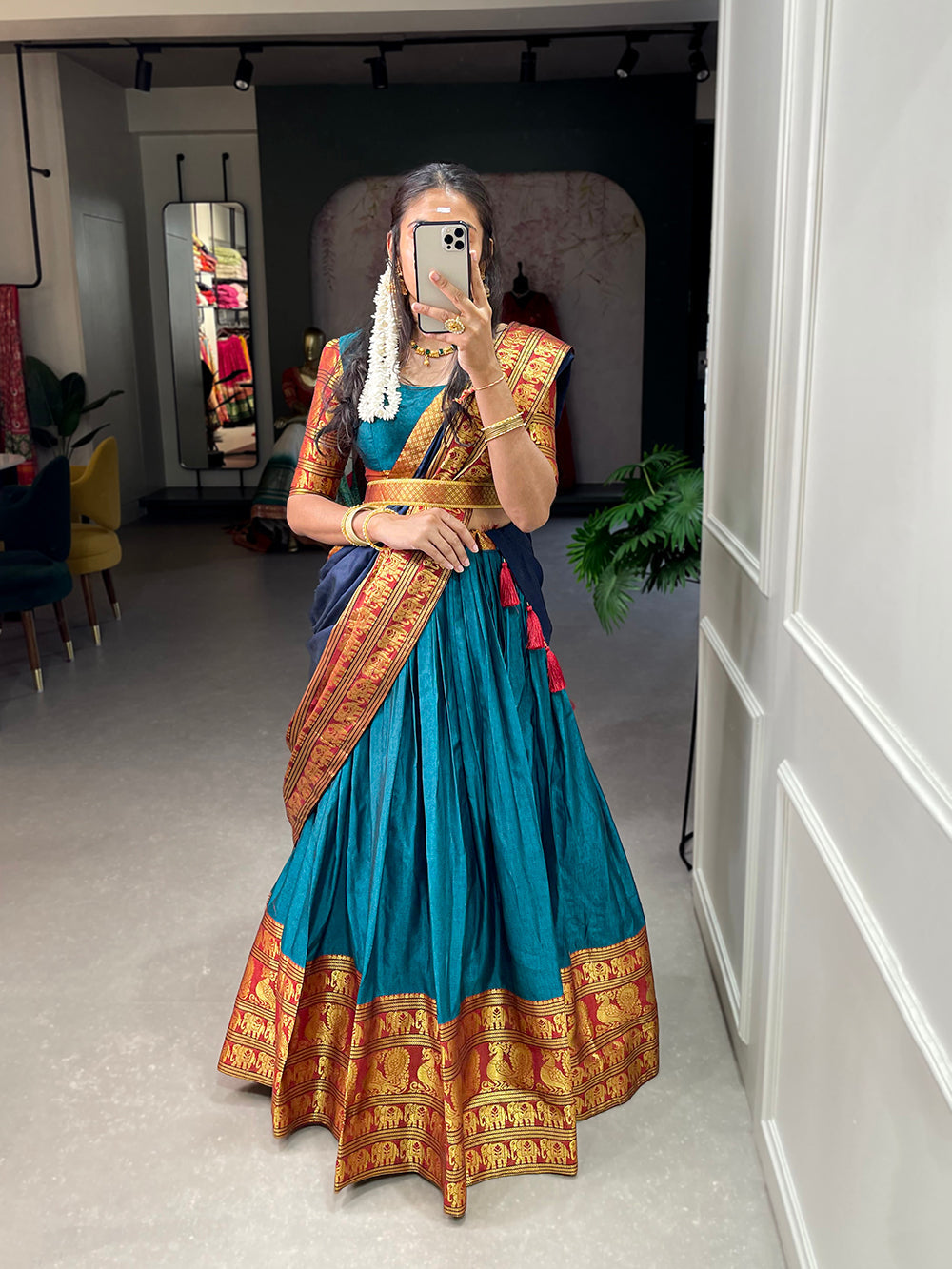 Firozi Color Zari Weaving Work Narayan Pet (Cotton) Kollam Pattu Lehenga Choli